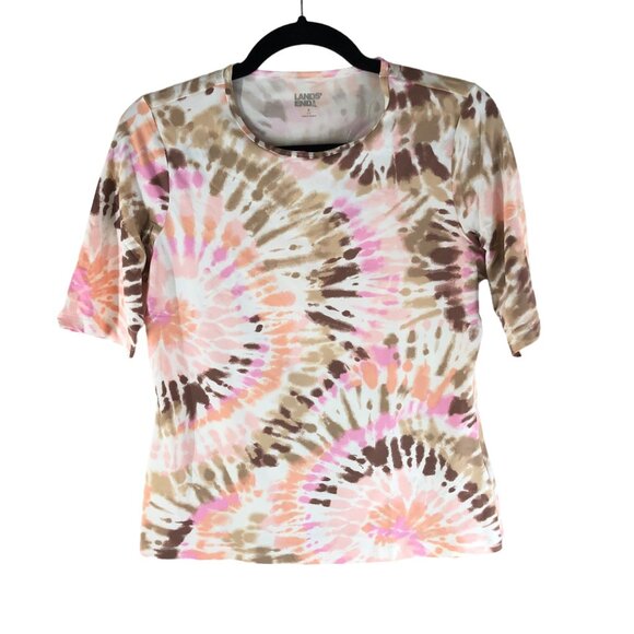 Lands End Womens Crew Neck Rash Guard UPF 50 Swim Tee Pink Brown White Tie Dye L - Picture 1 of 4